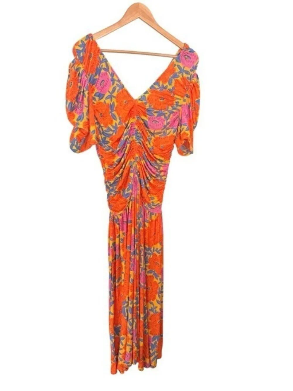 ANTHROPOLOGIE Farm Rio Short Sleeve Ruched Midi Dress Tropical Floral Size M NEW - Picture 2 of 11